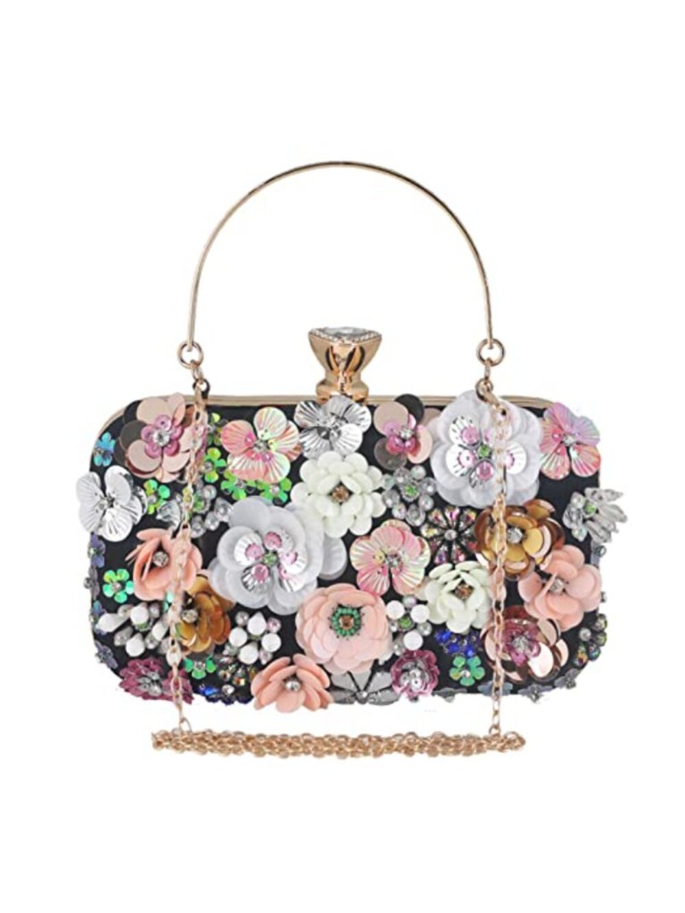 3D Sequins Floral Evening Clutch with Detachable Chain, Beaded Satin Handbag
